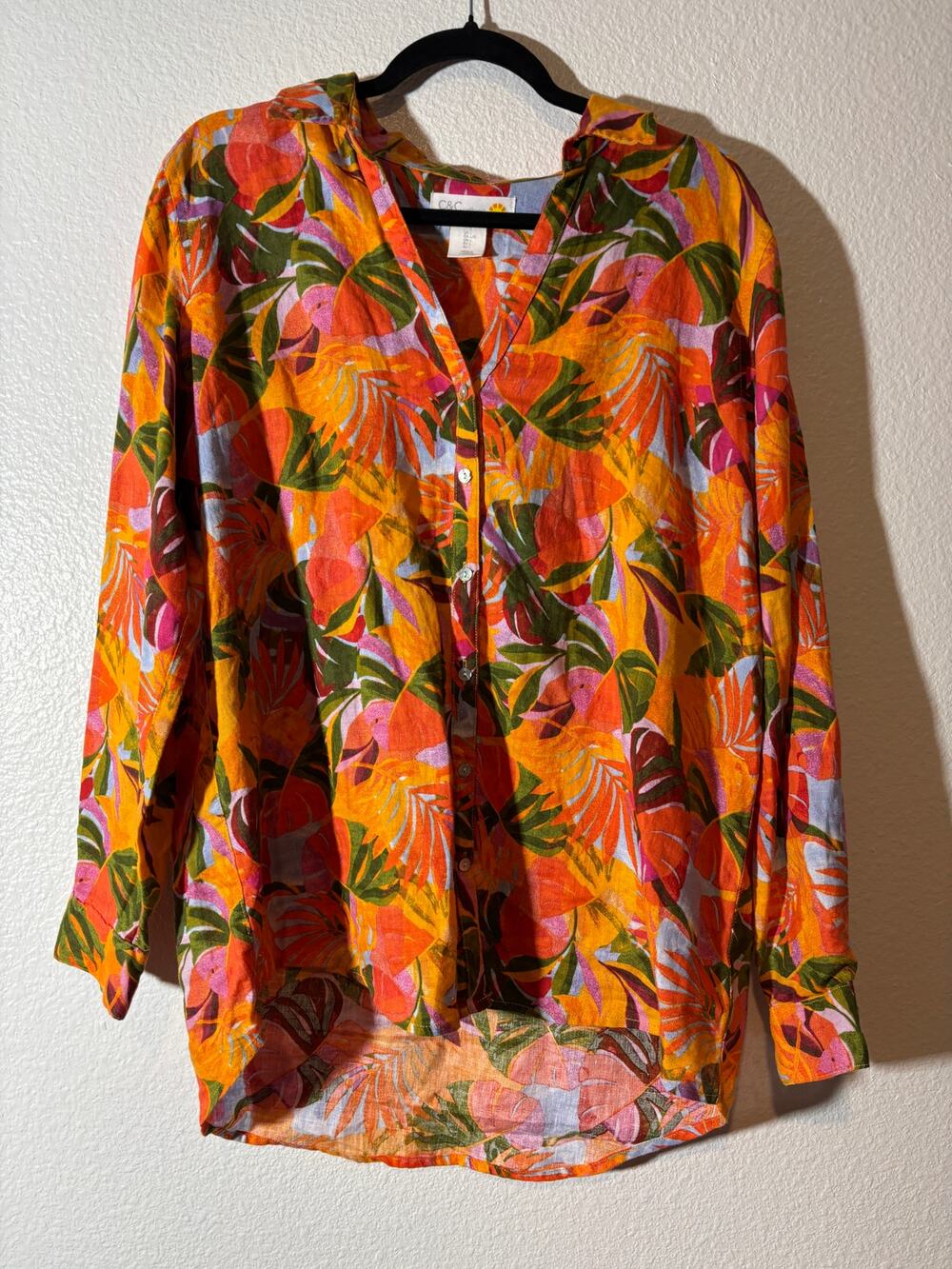 C&C California Women's Size L Vibrant Tropical Leaf Linen Button-Up Collared Top